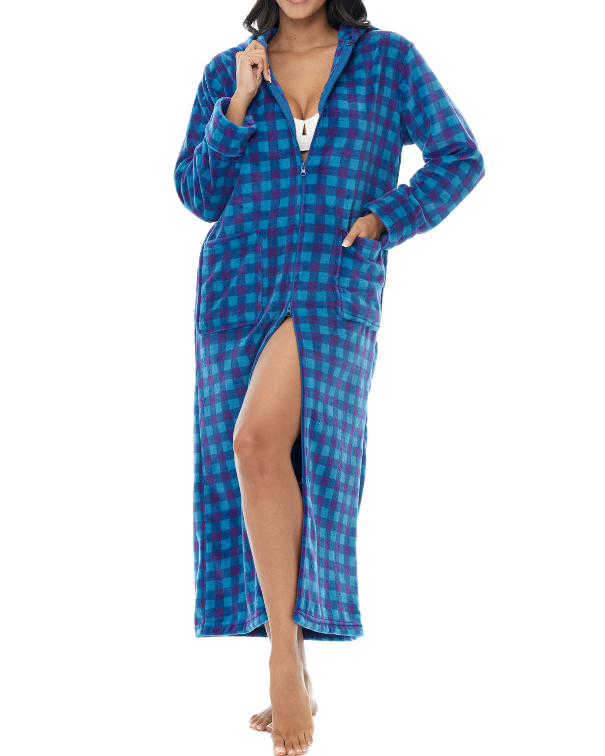 Women's Twilight Gingham Check Zip Up Fleece Robe with Hood, Oversized Hooded Bathrobe with Two Way Zipper