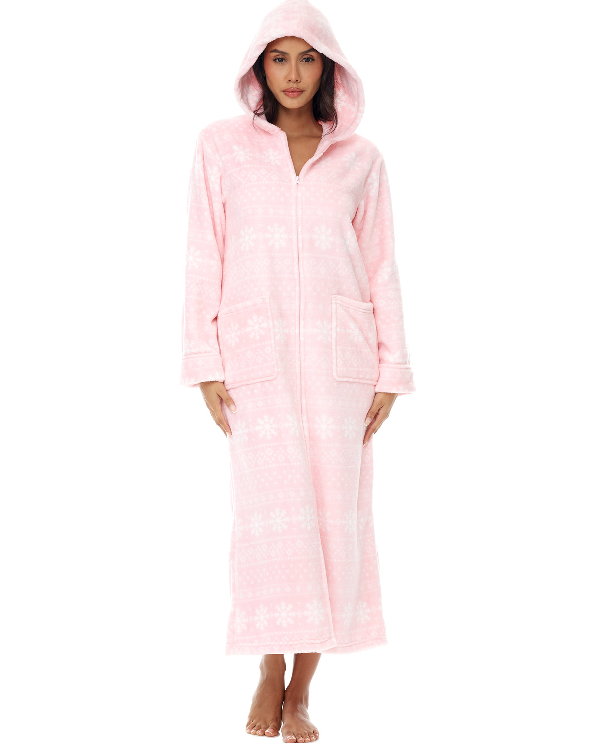Women's Snowflake Fair Isle Pink Zip Up Fleece Robe with Hood, Oversized Hooded Bathrobe with Two Way Zipper