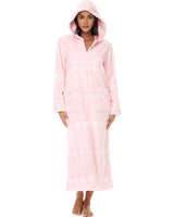 Women's Snowflake Fair Isle Pink Zip Up Fleece Robe with Hood, Oversized Hooded Bathrobe with Two Way Zipper