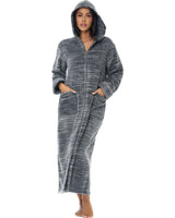 Women's Dark Heathered Gray Zip Up Fleece Robe with Hood, Oversized Hooded Bathrobe with Two Way Zipper