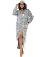 Women's Light Heathered Gray Zip Up Fleece Robe with Hood, Oversized Hooded Bathrobe with Two Way Zipper