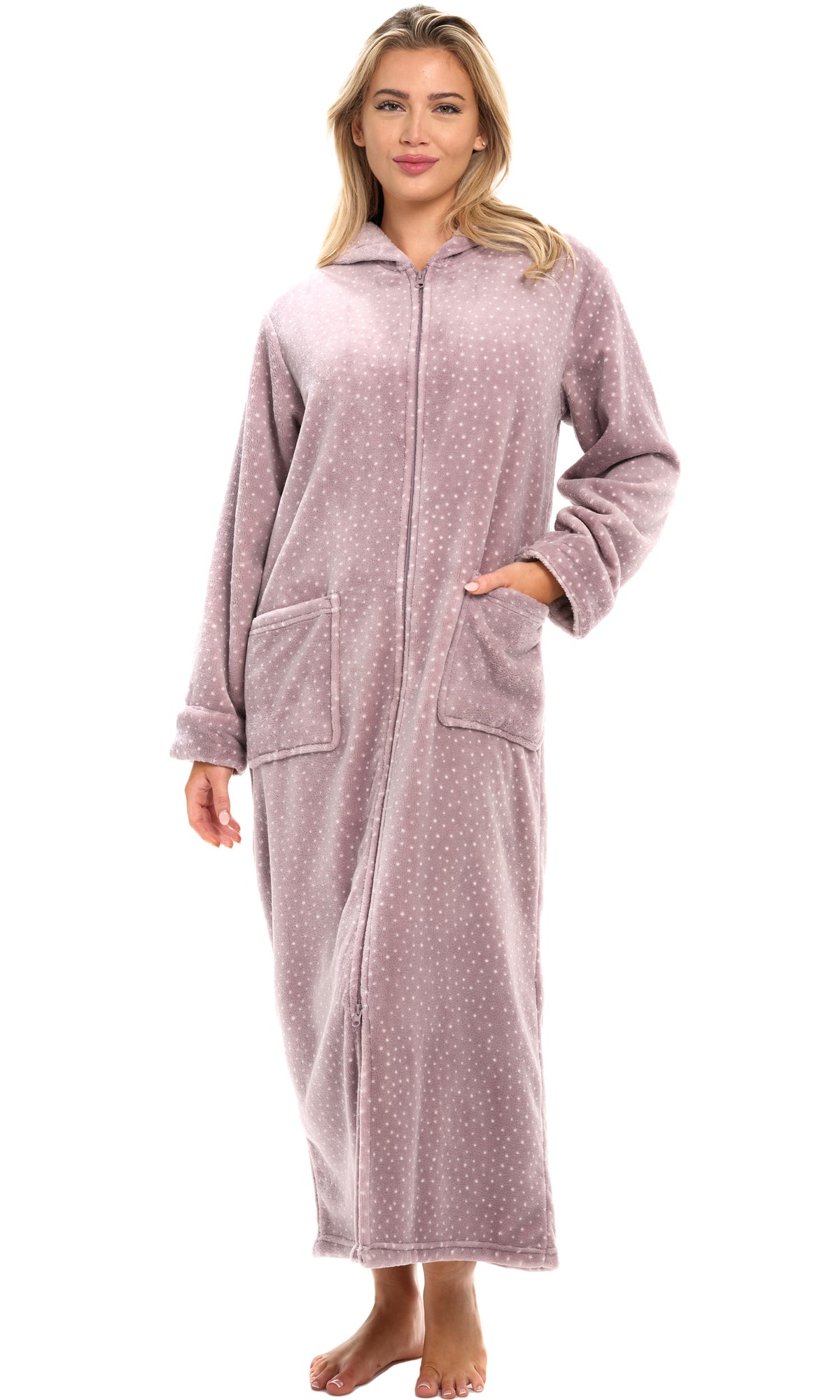 Women's Mauve with Polka Dots Zip Up Fleece Robe with Hood, Oversized Hooded Bathrobe with Two Way Zipper