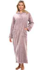Women's Mauve with Polka Dots Zip Up Fleece Robe with Hood, Oversized Hooded Bathrobe with Two Way Zipper