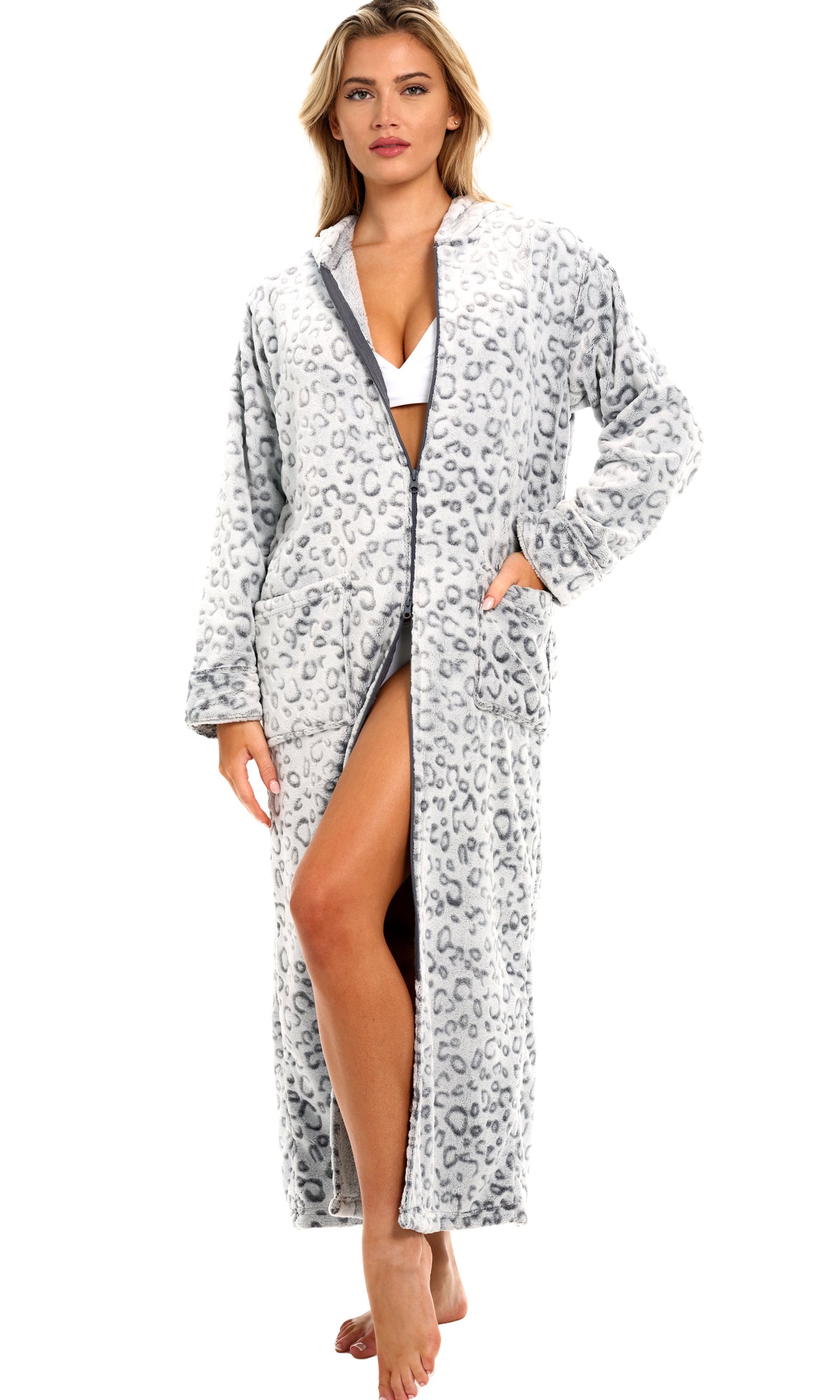 Women's Leopard Print White Zip Up Fleece Robe with Hood, Oversized Hooded Bathrobe with Two Way Zipper