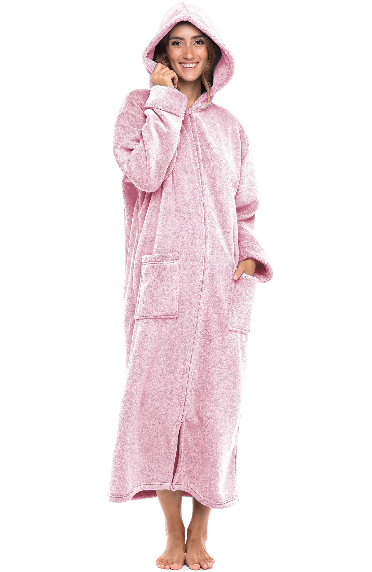 Women's Pink Rose Quartz Zip Up Fleece Robe with Hood, Oversized Hooded Bathrobe with Two Way Zipper