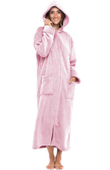 Women's Pink Rose Quartz Zip Up Fleece Robe with Hood, Oversized Hooded Bathrobe with Two Way Zipper