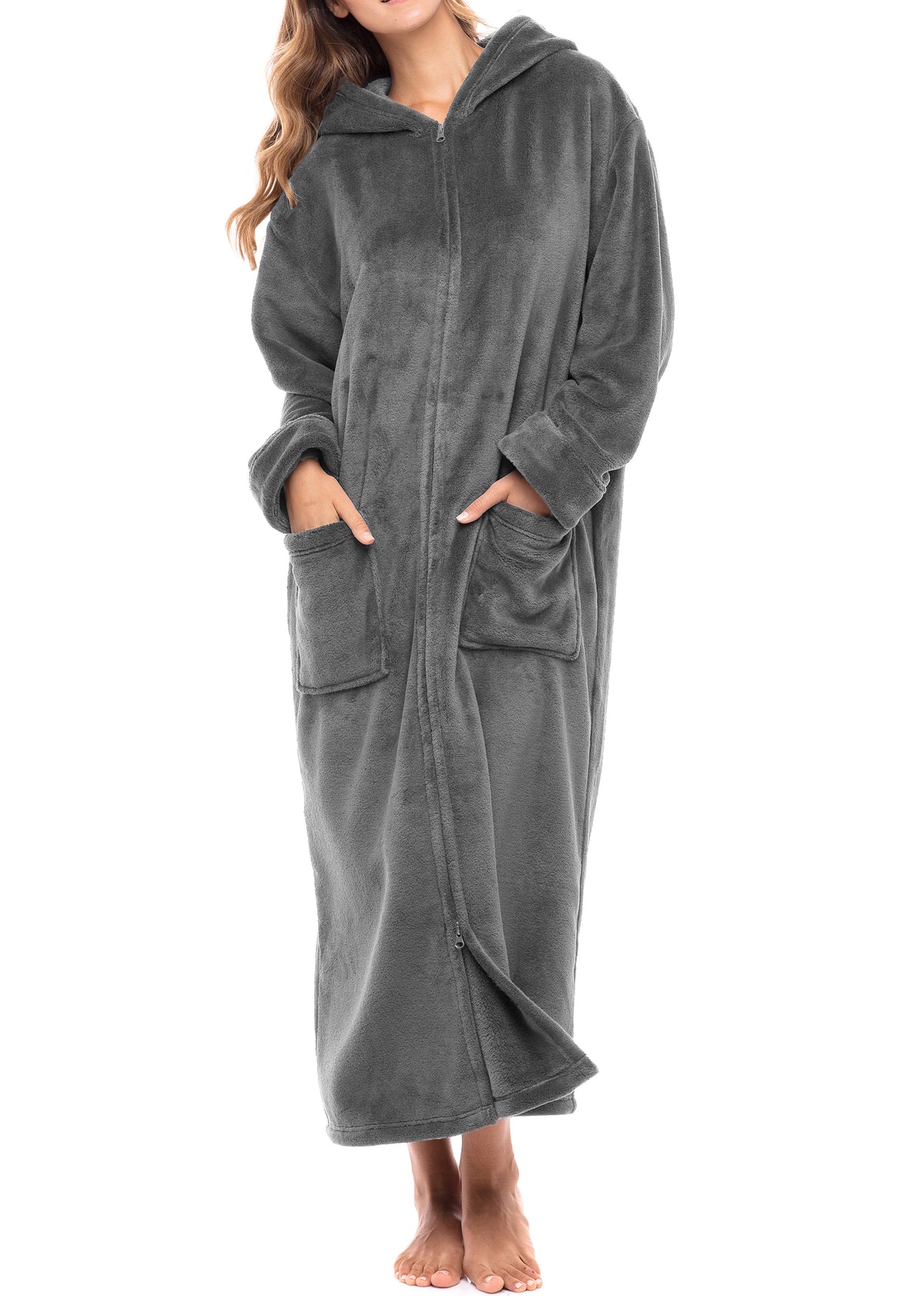 Women's Steel Gray Zip Up Fleece Robe with Hood, Oversized Hooded Bathrobe with Two Way Zipper