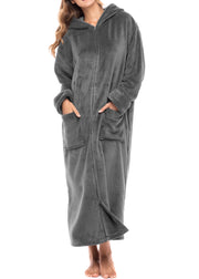 Women's Steel Gray Zip Up Fleece Robe with Hood, Oversized Hooded Bathrobe with Two Way Zipper