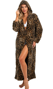 Women's Leopard Print Zip Up Fleece Robe with Hood, Oversized Hooded Bathrobe with Two Way Zipper