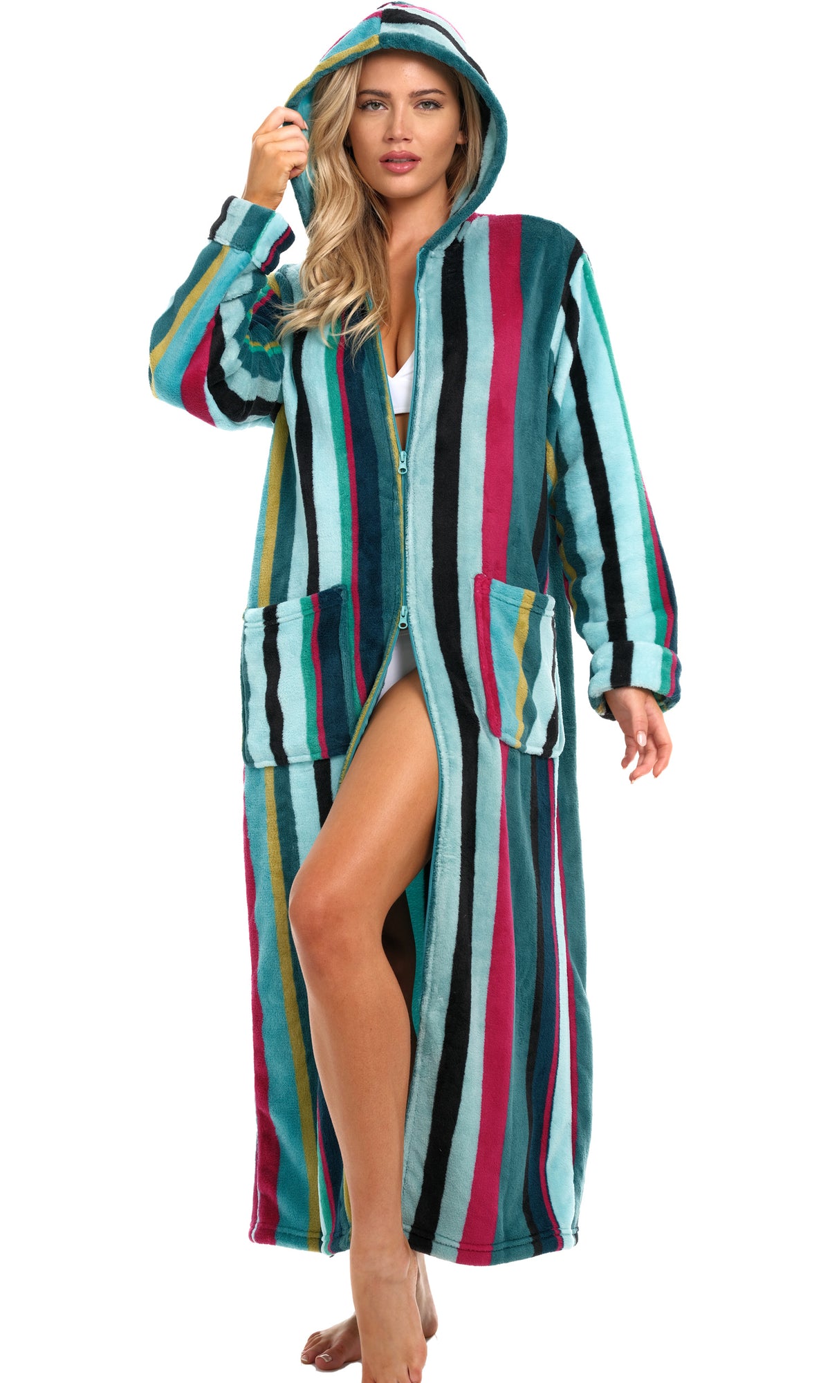 Women's Aqua and Magenta Striped Zip Up Fleece Robe with Hood, Oversized Hooded Bathrobe with Two Way Zipper