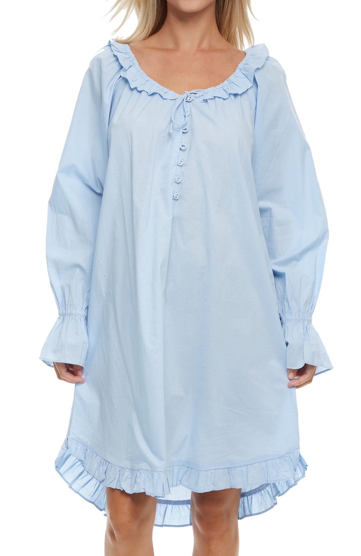 Women's Light Blue Cotton Victorian Nightgown, Long Sleeve Ruffled Poet's Sleep Shirt Vintage Night Dress Gown