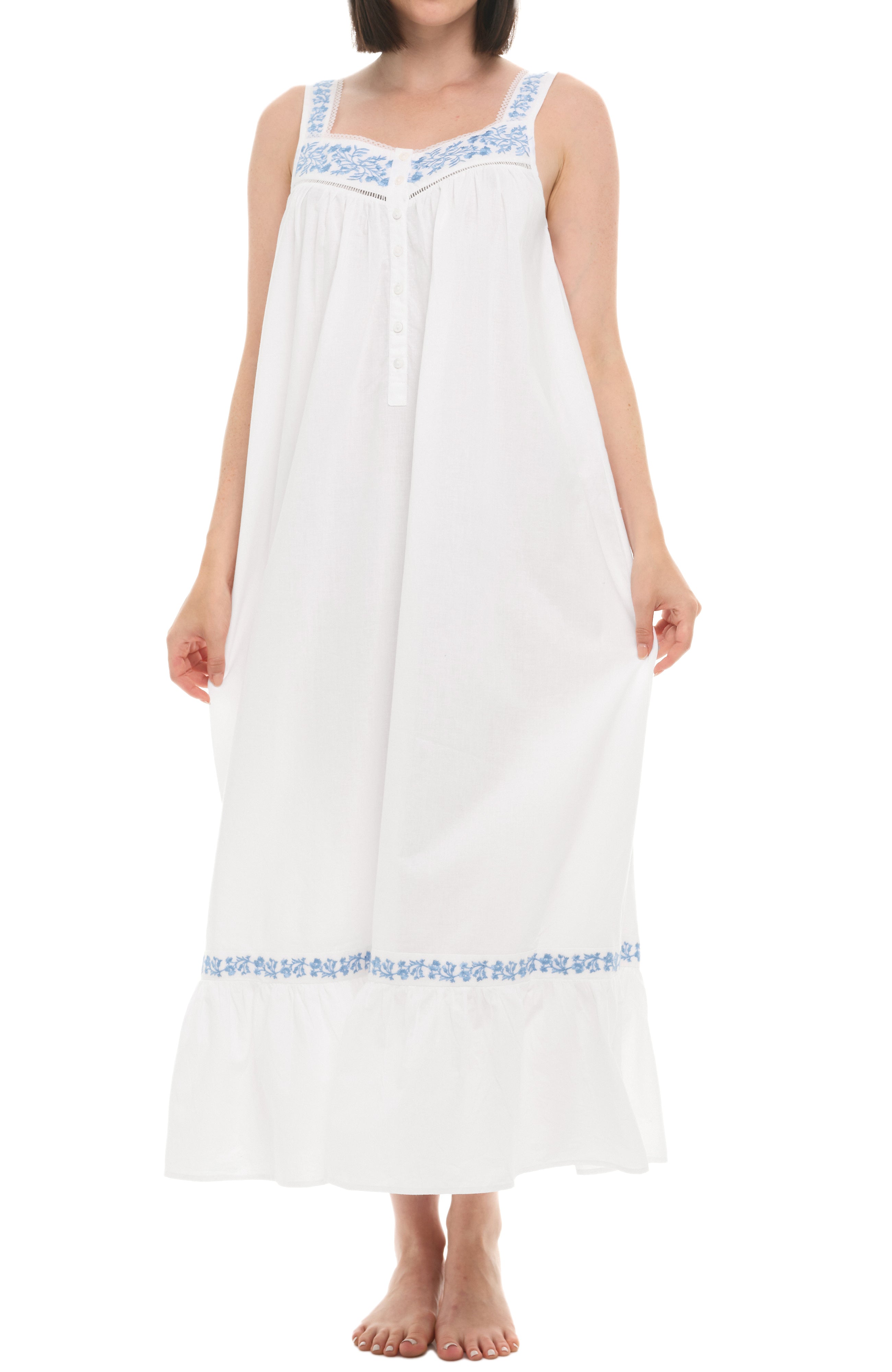 Women Cotton Victorian Nightgown, Embroidered Floral Sleeveless Lace Trim Long Vintage Night Dress Gown, White / 2X