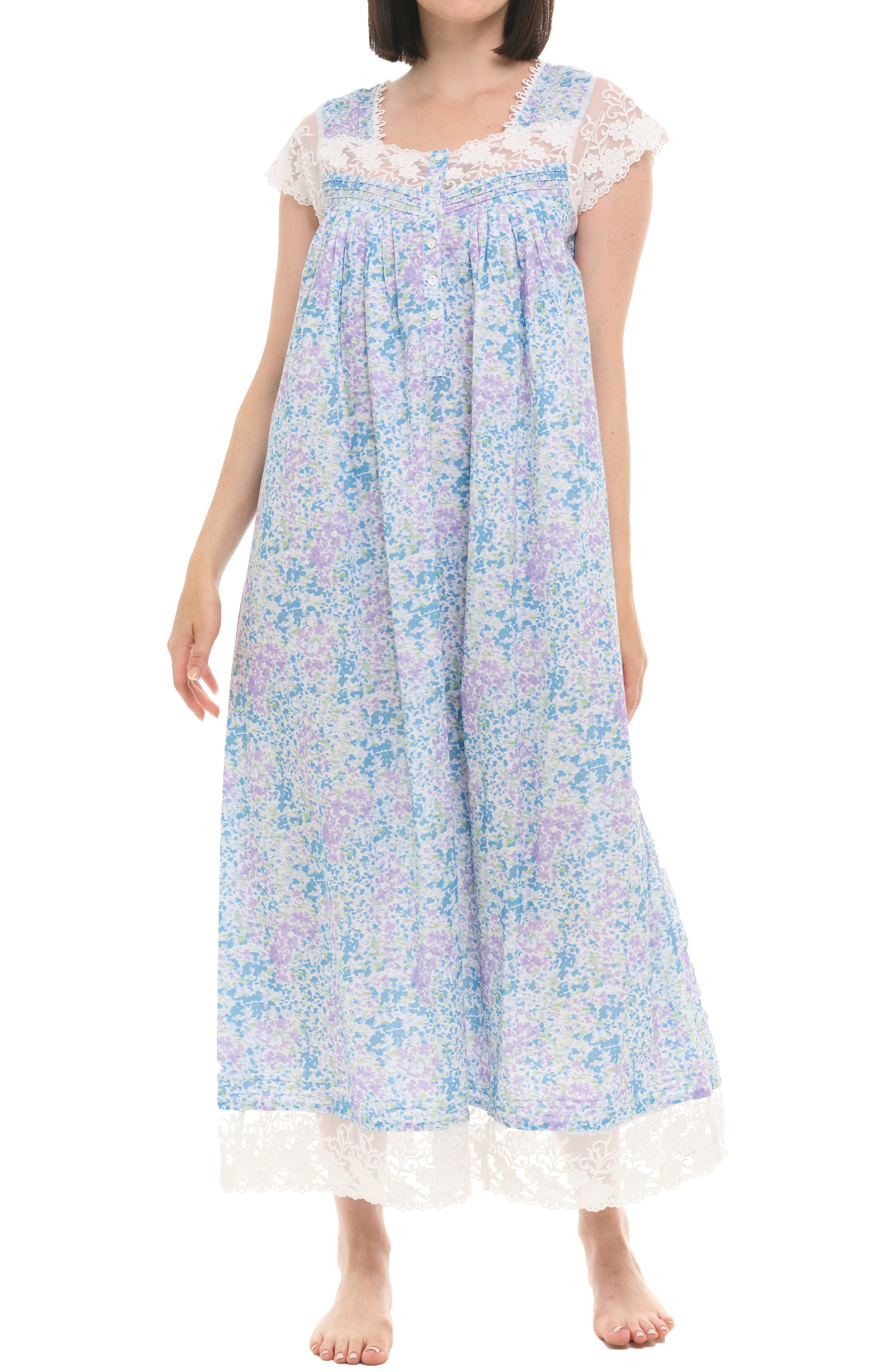 Women's Cotton Lace Trim NightGown , Short Sleeve Button Up Long Vintage Night Dress Gown, Floral Watercolor / Medium