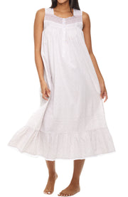 Women's White Floral on Gray Cotton Victorian Nightgown, Gwendoline Sleeveless Lace Trimmed Button Up Long Nightshirt