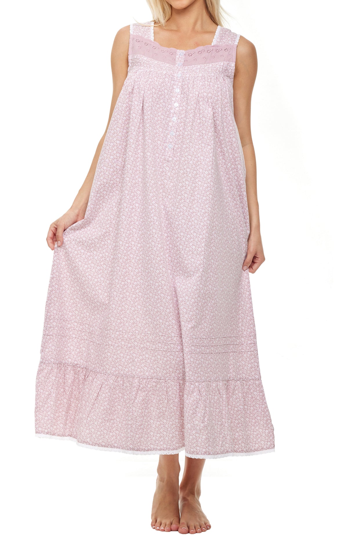 Women's White Floral on Mauve Cotton Victorian Nightgown, Gwendoline Sleeveless Lace Trimmed Button Up Long Nightshirt