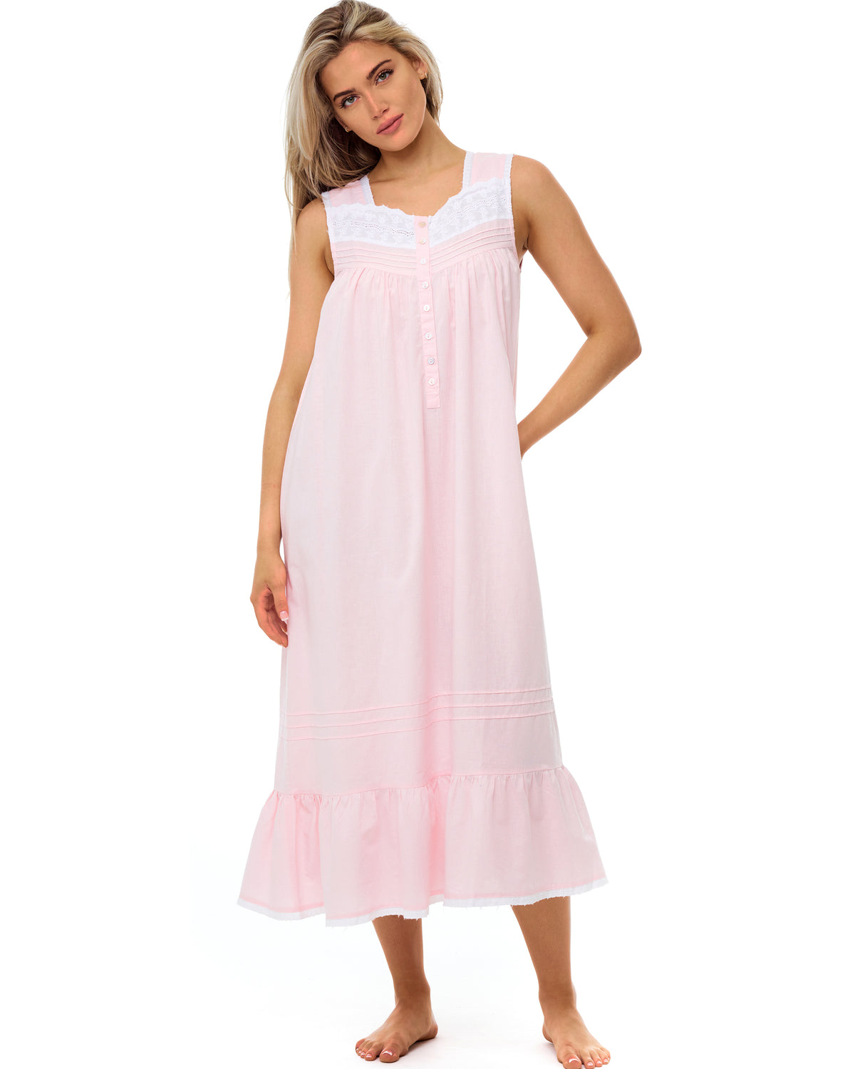 Women's Pink Peach Cotton Victorian Nightgown, Gwendoline Sleeveless Lace Trimmed Button Up Long Nightshirt