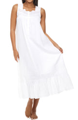 Women's White Cotton Victorian Nightgown, Gwendoline Sleeveless Lace Trimmed Button Up Long Nightshirt