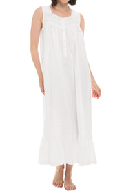 Women's White Version 2 Cotton Victorian Nightgown, Gwendoline Sleeveless Lace Trimmed Button Up Long Nightshirt