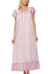 Women's Mauve Floral - Katelyn Cotton Victorian Nightgown, Katelyn Short Sleeve Lace Trimmed Button Up Long Nightshirt