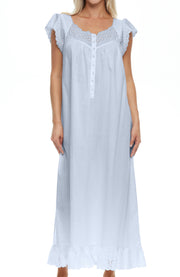 Women's Light Blue Cotton Victorian Nightgown, Katelyn Short Sleeve Lace Trimmed Button Up Long Nightshirt