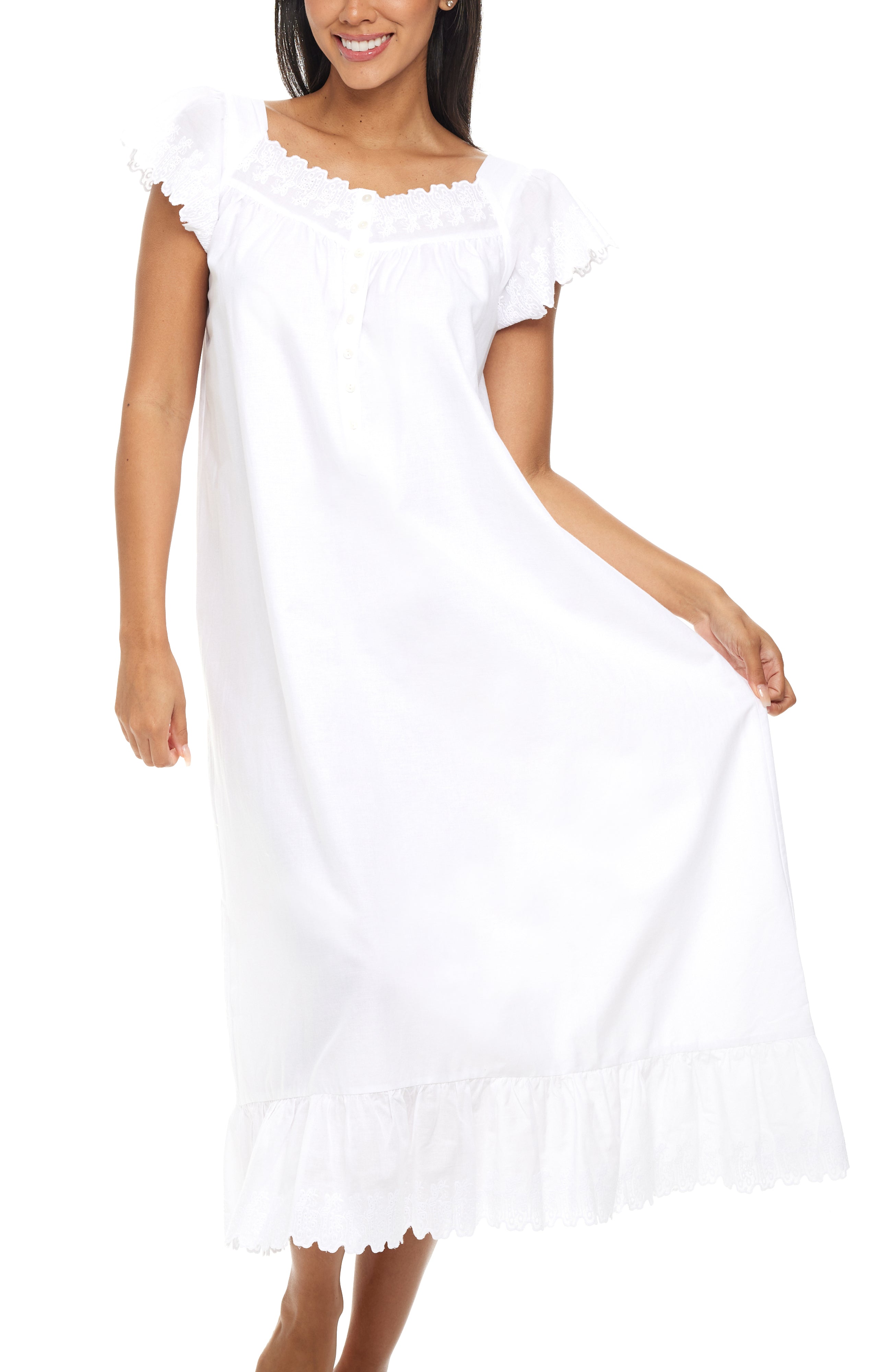 Women's Cotton Victorian Nightgown, Katelyn Short Sleeve Lace Trimmed Button Up Long Nightshirt, White