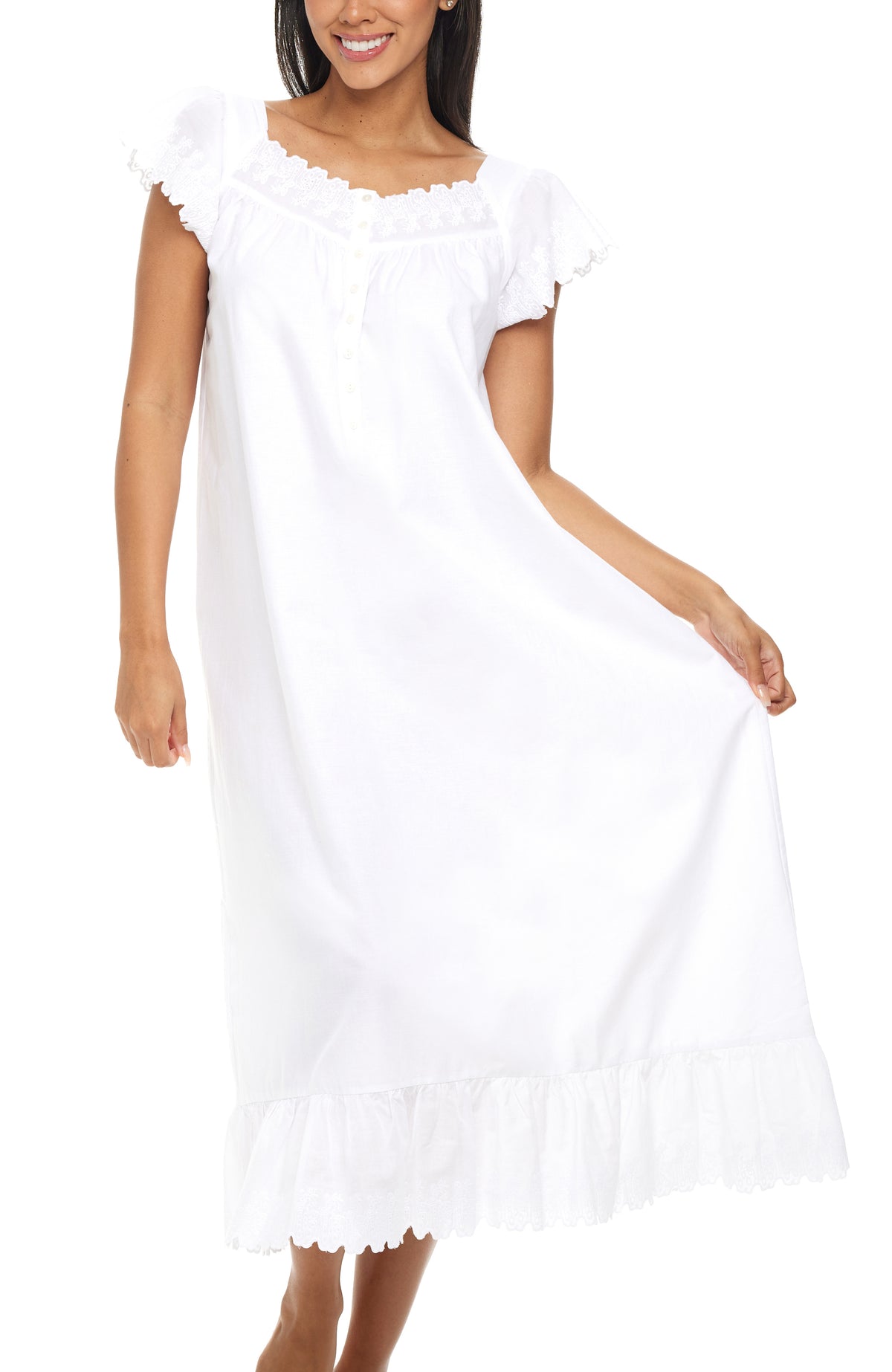 Women's White - Katelyn Cotton Victorian Nightgown, Katelyn Short Sleeve Lace Trimmed Button Up Long Nightshirt