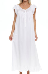 Women's White Version 2 - Katelyn Cotton Victorian Nightgown, Katelyn Short Sleeve Lace Trimmed Button Up Long Nightshirt