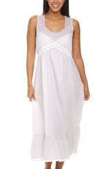 Women's White Floral on Gray Cotton Victorian Nightgown, Priscilla Sleeveless Lace Trimmed Deep V-neck Long Night Dress