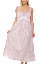 Women's White Floral on Mauve Cotton Victorian Nightgown, Priscilla Sleeveless Lace Trimmed Deep V-neck Long Night Dress
