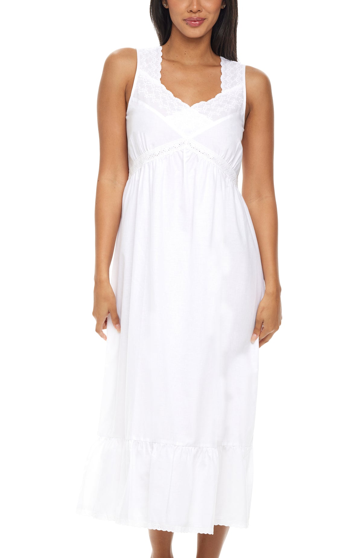 Women's White Cotton Victorian Nightgown, Priscilla Sleeveless Lace Trimmed Deep V-neck Long Night Dress