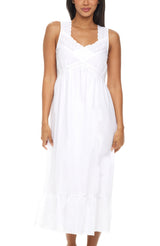 Women's White Cotton Victorian Nightgown, Priscilla Sleeveless Lace Trimmed Deep V-neck Long Night Dress