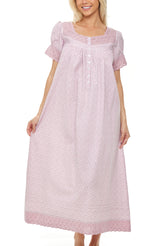 Women's White Floral on Mauve Cotton Victorian Nightgown, Amelia Short Sleeve Lace Trimmed Button Up Long Night Dress