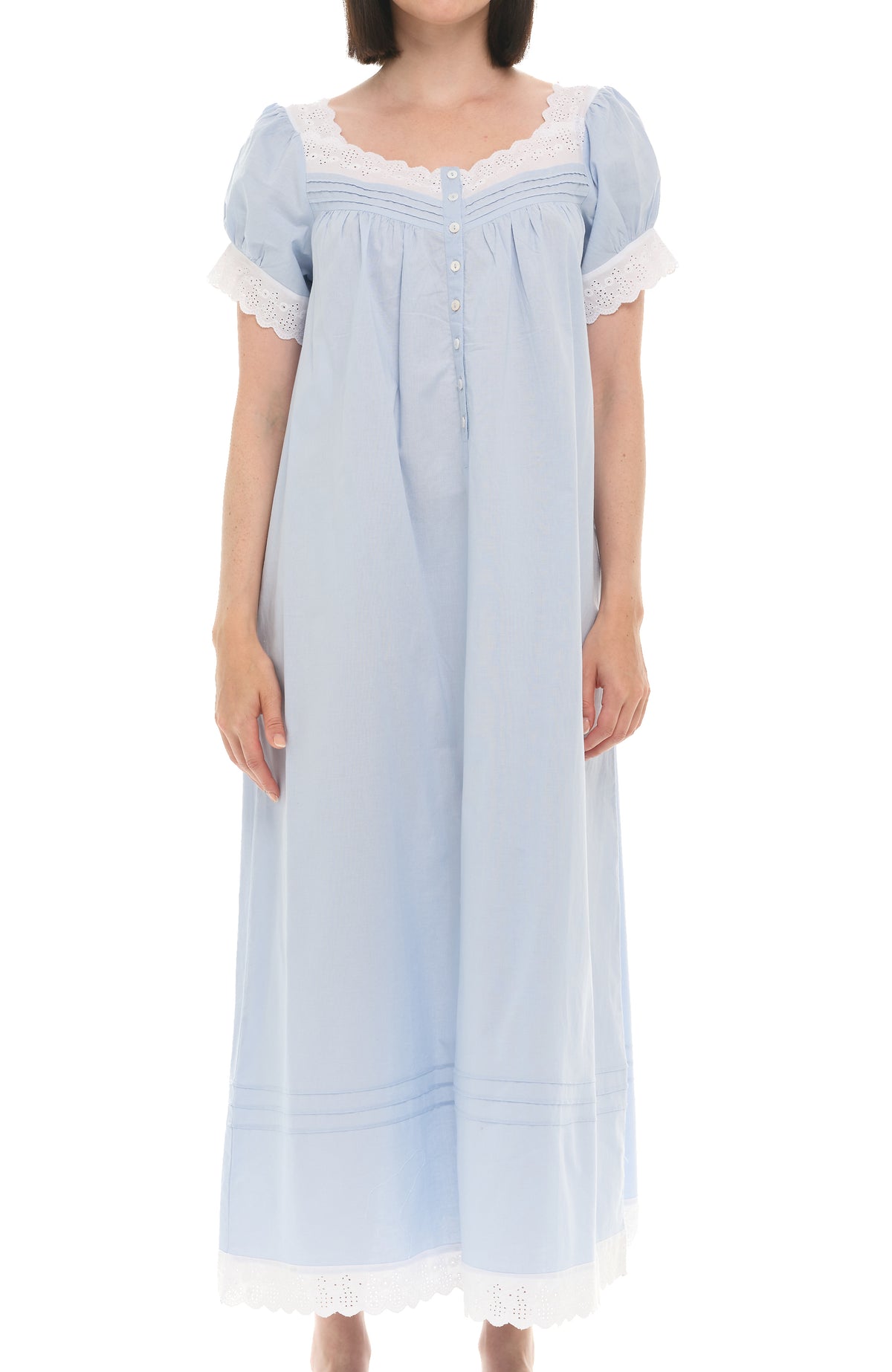 Women's Light Blue Cotton Victorian Nightgown, Amelia Short Sleeve Lace Trimmed Button Up Long Night Dress