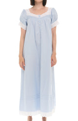 Women's Light Blue Cotton Victorian Nightgown, Amelia Short Sleeve Lace Trimmed Button Up Long Night Dress