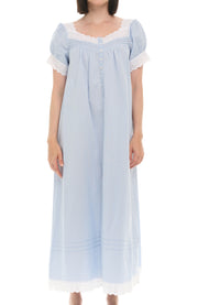 Women's Light Blue Cotton Victorian Nightgown, Amelia Short Sleeve Lace Trimmed Button Up Long Night Dress