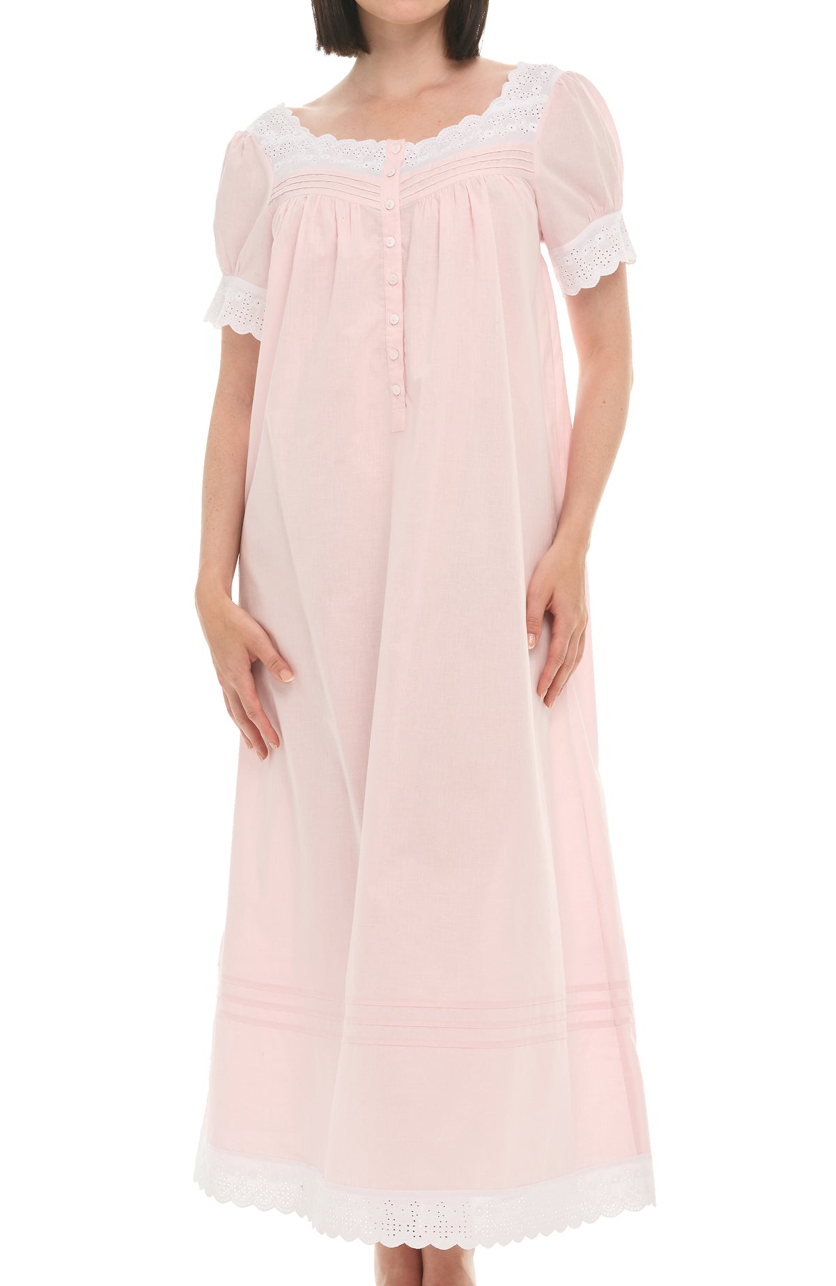 Women's Pink Peach Cotton Victorian Nightgown, Amelia Short Sleeve Lace Trimmed Button Up Long Night Dress
