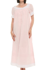 Women's Pink Peach Cotton Victorian Nightgown, Amelia Short Sleeve Lace Trimmed Button Up Long Night Dress