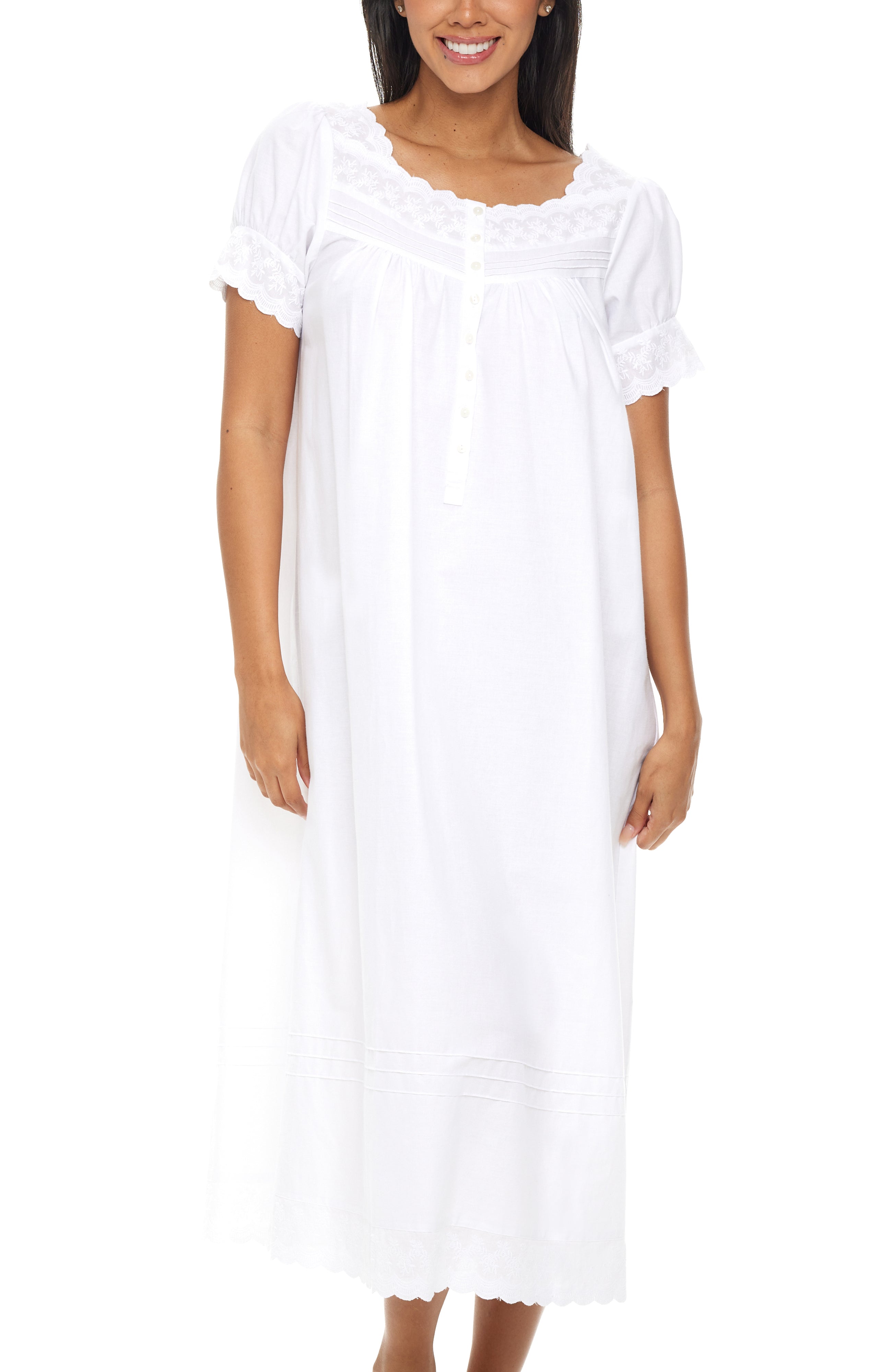 Women's Cotton Victorian Nightgown, Amelia Short Sleeve Lace Trimmed Button Up Long Night Dress, White / Medium