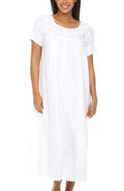 Women's White Cotton Victorian Nightgown, Amelia Short Sleeve Lace Trimmed Button Up Long Night Dress