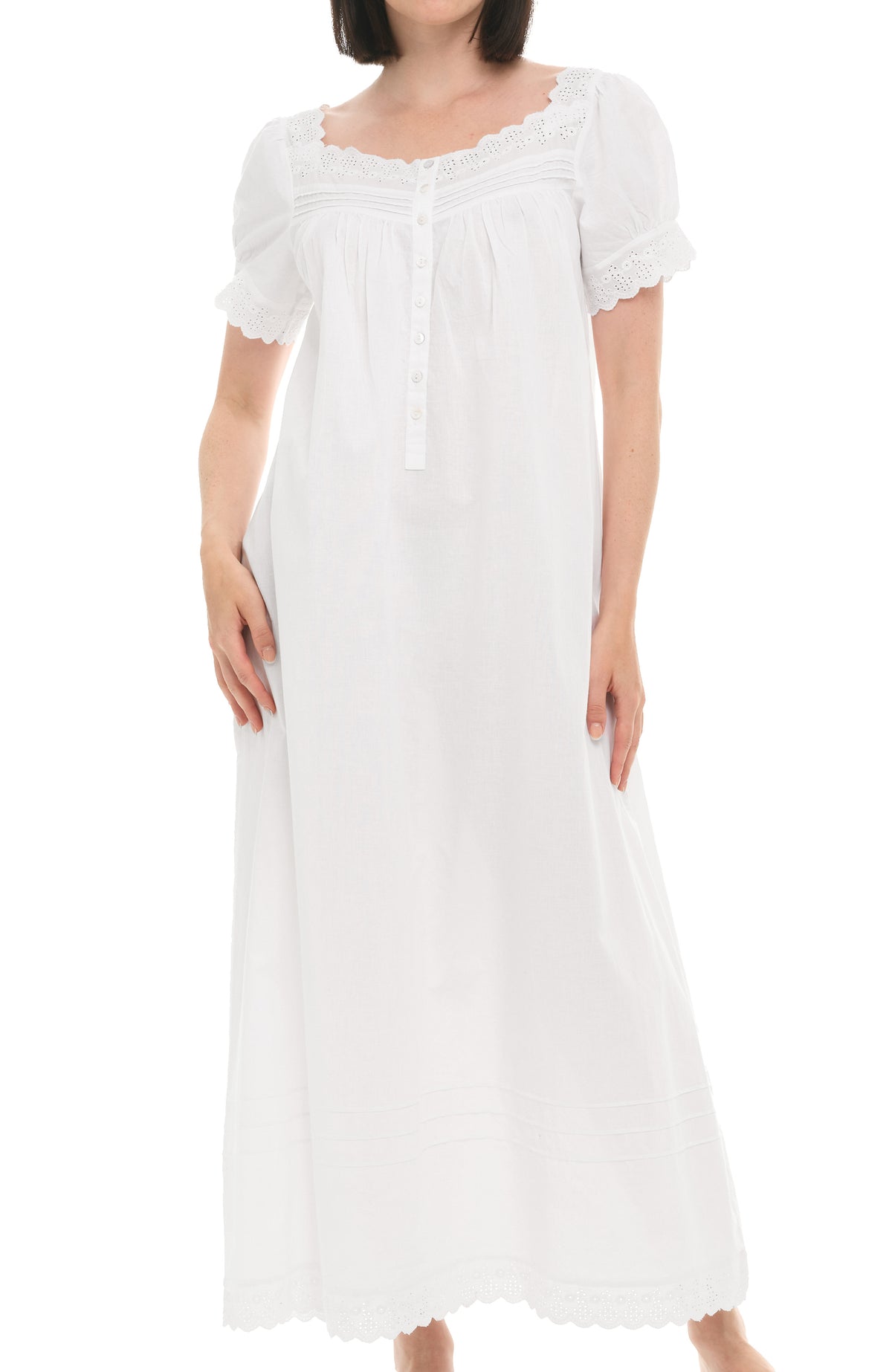 Women's White Version 2 Cotton Victorian Nightgown, Amelia Short Sleeve Lace Trimmed Button Up Long Night Dress