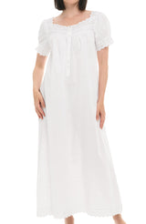 Women's White Version 2 Cotton Victorian Nightgown, Amelia Short Sleeve Lace Trimmed Button Up Long Night Dress