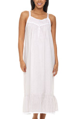 Women's White Floral on Gray Cotton Victorian Nightgown, Cecilia Sleeveless Lace Trimmed Button Up Long Night Dress