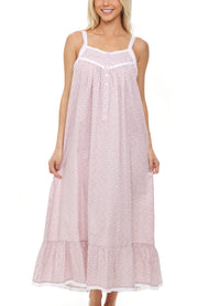 Women's White Floral on Mauve Cotton Victorian Nightgown, Cecilia Sleeveless Lace Trimmed Button Up Long Night Dress