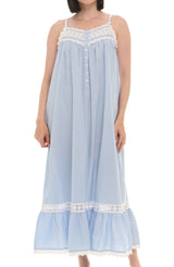 Women's Light Blue Cotton Victorian Nightgown, Cecilia Sleeveless Lace Trimmed Button Up Long Night Dress