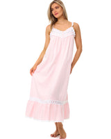 Women's Pink Peach Cotton Victorian Nightgown, Cecilia Sleeveless Lace Trimmed Button Up Long Night Dress