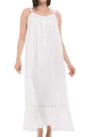 Women's White Version 2 Cotton Victorian Nightgown, Cecilia Sleeveless Lace Trimmed Button Up Long Night Dress