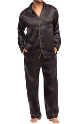 Men's Black with Gold Piping Classic Satin Pajamas with Pockets, PJ and Matching Sleep Mask