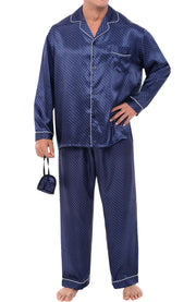 Men's White Dots on Blue Classic Satin Pajamas with Pockets, PJ and Matching Sleep Mask