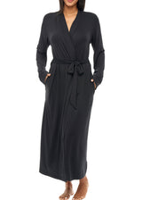 Women's Black Cotton Long Knit Robe with Pockets, Lightweight Bathrobe