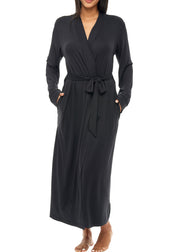 Women's Black Cotton Long Knit Robe with Pockets, Lightweight Bathrobe